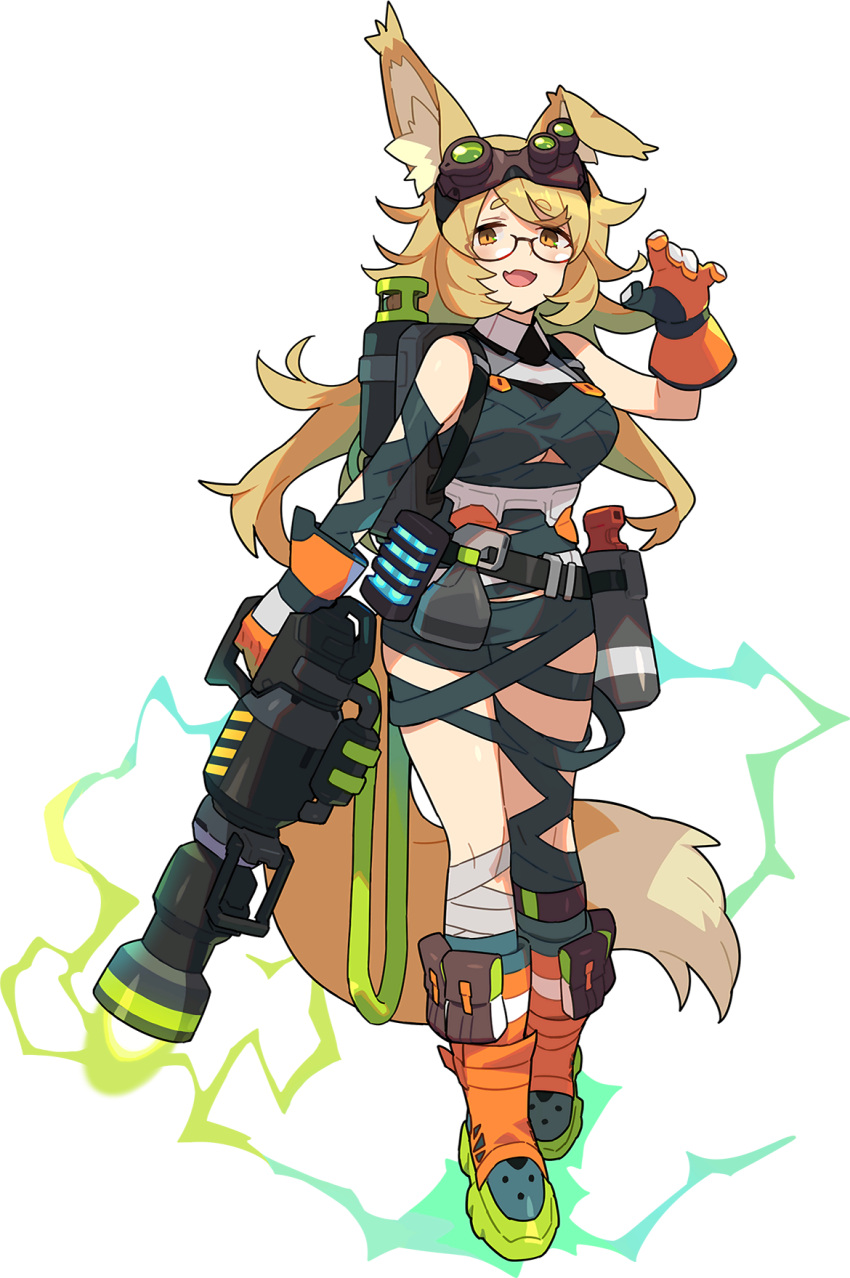 1girl animal_ear_fluff animal_ears artist_request backpack bag bandaged_leg bandages bangs belt blonde_hair blush boots bottle breasts brown-framed_eyewear clothing_cutout dress electricity eyebrows_visible_through_hair fang fox_ears fox_girl fox_tail full_body glasses gloves goggles green-tinted_eyewear green_dress half-closed_eyes hand_up happy highres holding holding_weapon light_blush long_hair looking_at_viewer lunalu_(world_flipper) medium_breasts night_vision_device non-web_source official_art open_mouth orange_eyes orange_footwear orange_gloves pouch proton_pack semi-rimless_eyewear short_dress sidelocks skin_fang sleeveless sleeveless_dress smile solo spray_bottle tail transparent_background underboob_cutout utility_belt waving weapon world_flipper