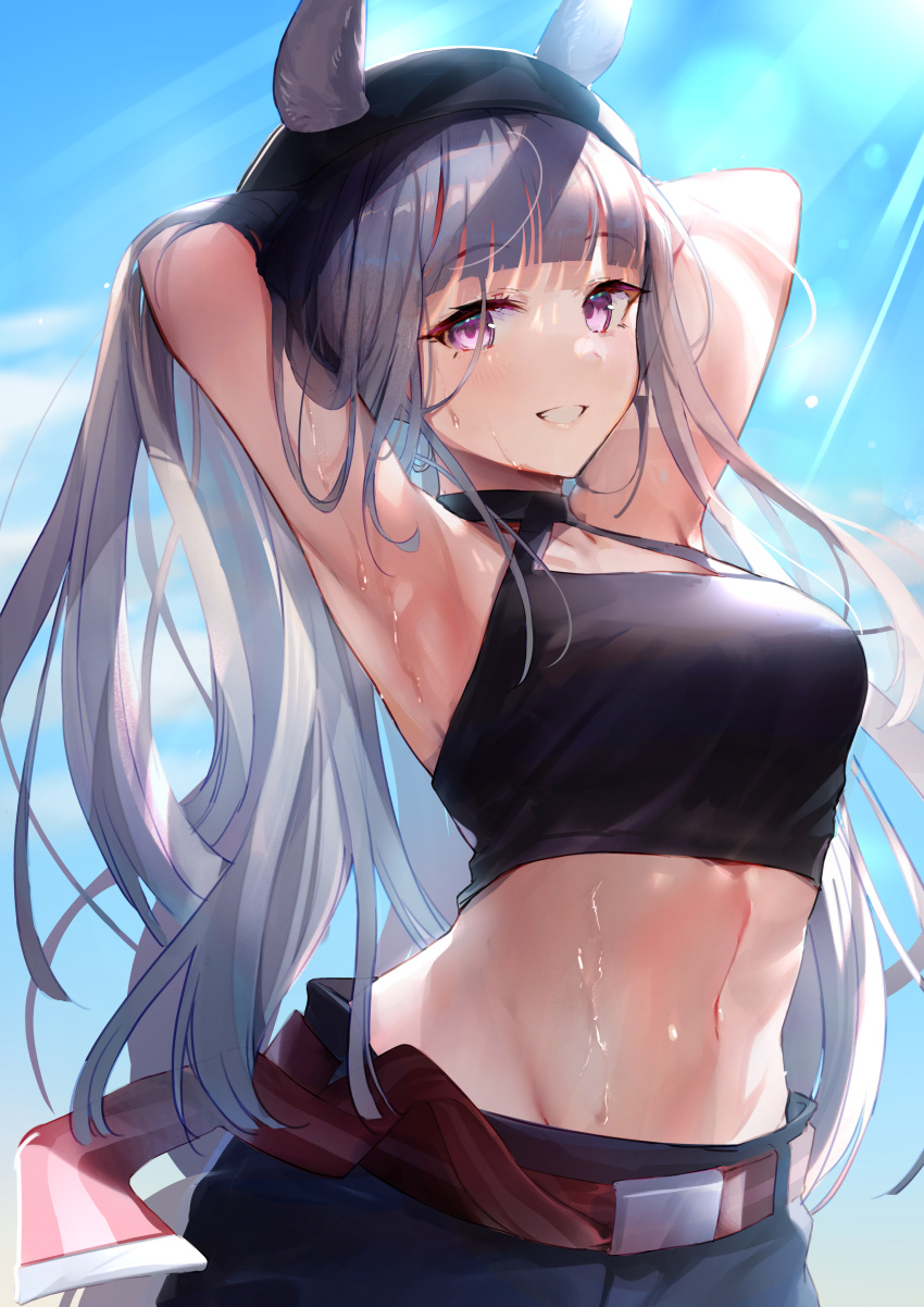 1girl :d absurdres animal_ears armpits arms_up bangs belt beret black_headwear blunt_bangs blush breasts cbi_cbi cowboy_shot crop_top day ears_through_headwear eyebrows_visible_through_hair gold_ship_(umamusume) grin hands_in_hair hat highres horse_ears huge_filesize large_breasts lens_flare light_rays long_hair navel open_mouth outdoors silver_hair sleeveless smile solo stomach sunbeam sunlight sweat teeth umamusume very_long_hair violet_eyes
