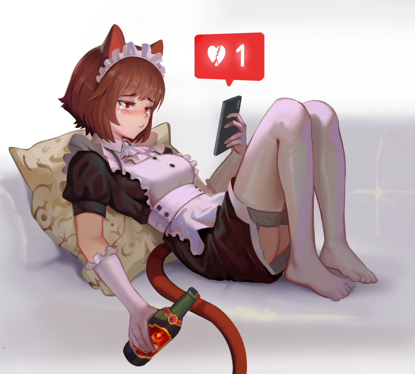 1girl absurdres animal_ears aoshiseven apron blush bottle broken_heart cat_ears cellphone commentary elbow_gloves eyebrows_visible_through_hair gloves highres holding holding_bottle maid maid_apron maid_headdress original phone pillow red_eyes smartphone solo tears thigh-highs white_gloves white_headwear white_legwear wine_bottle