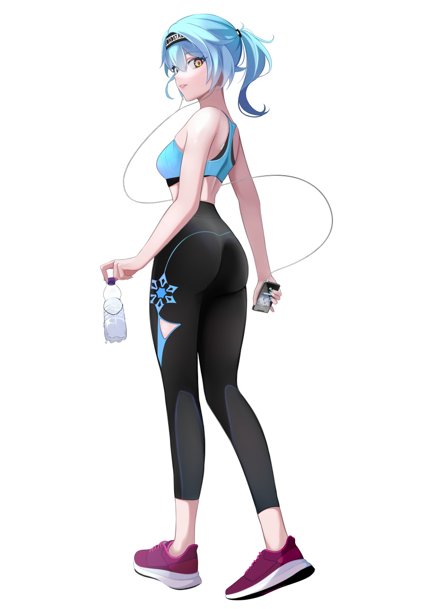 1girl absurdres ass bare_shoulders black_legwear blue_bra bottle bra breasts casual cellphone drink earphones eula_lawrence full_body genshin_impact hairband highres hyafumi legs looking_at_viewer midriff pants phone ponytail shoes simple_background smartphone smile sneakers snowflake_print solo sports_bra sportswear underwear water_bottle white_background yellow_eyes yoga_pants