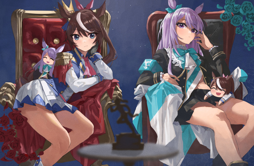 2girls absurdres animal_ears arm_support armband ascot bangs black_gloves black_jacket black_skirt blue_background blue_bow blue_flower blue_neckwear blue_ribbon blue_rose blurry blurry_foreground blush bow bowtie breasts brown_hair chair character_doll closed_mouth crown depth_of_field epaulettes eyebrows_visible_through_hair feet_out_of_frame figure flower frilled_shirt_collar frilled_sleeves frills gloves hair_ribbon hand_on_own_cheek hand_on_own_face hand_up highres hirasawagitai horse_ears horse_girl horse_tail jacket long_hair long_sleeves looking_at_viewer mejiro_mcqueen_(umamusume) midriff_peek miniskirt multicolored_hair multiple_girls navel open_clothes open_jacket pink_neckwear pleated_skirt ponytail purple_hair ribbon rose simple_background sitting skirt streaked_hair swept_bangs table tail thighs throne tokai_teio_(umamusume) two-tone_hair umamusume uniform very_long_hair violet_eyes white_hair white_skirt