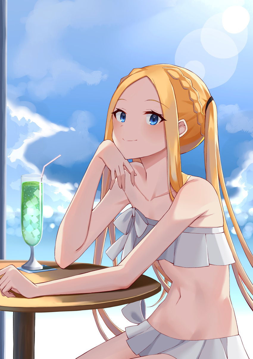 1girl abigail_williams_(fate) abigail_williams_(swimsuit_foreigner)_(fate) absurdres bangs bare_shoulders bikini blonde_hair blue_eyes blue_sky braid breasts crown_braid cup drinking_glass fate/grand_order fate_(series) forehead highres long_hair miniskirt navel parted_bangs pillow_(blackpirou) sidelocks sitting skirt sky small_breasts smile swimsuit table twintails very_long_hair white_bikini