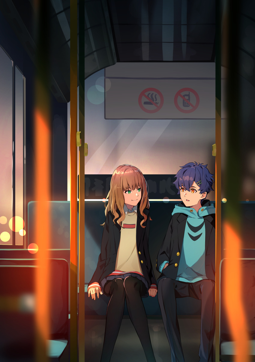 1boy 1girl absurdres asanaka_yomogi blue_hair brown_hair bus_interior gridman_universe hands_in_pockets highres ibaraki_shun jacket long_hair minami_yume pantyhose sitting smile ssss.dynazenon twilight