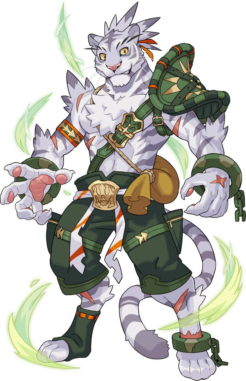 1boy animal_ears animal_nose armband armor artist_request belt body_fur broken broken_chain chain claws clenched_teeth colored_sclera cuffs full_body furry green_legwear green_shorts grey_fur grey_hair hair_ribbon highres male_focus multicolored_hair muscular muscular_male non-web_source official_art orange_eyes orange_ribbon pawpads paws ponytail ribbon ribbon-trimmed_legwear ribbon_trim scar shackles shiro_(world_flipper) shirtless short_hair shorts shoulder_armor single_sock snout socks solo standing tail teeth thigh_pouch tied_hair tiger_boy tiger_ears tiger_tail toeless_legwear transparent_background two-tone_hair whiskers white_fur world_flipper yellow_sclera zipper zipper_pull_tab