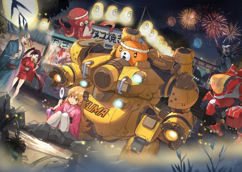 ! +_+ 1boy 2girls autumn bear blush festival fireflies firefox_(smc) fireworks food gate hair_ornament headband heart highres japanese_clothes kimono lantern mecha mila_(smc) multiple_girls ning_(smc) octopus official_art pipe_in_mouth pond rom_(smc) skylark_(smc) stall super_mecha_champion surprised sweatdrop taiyaki takoyaki twintails wagashi yukata