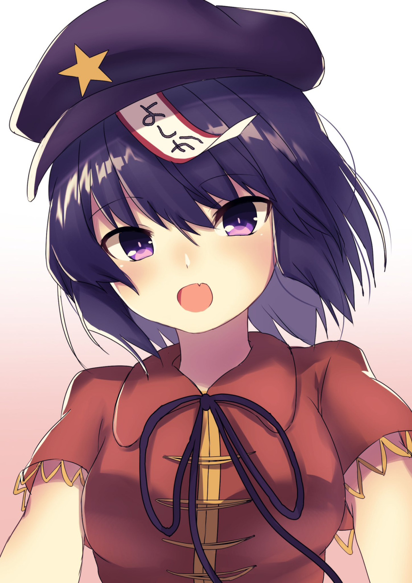 1girl blush breasts cabbie_hat fang hat hat_ornament highres jiangshi medium_breasts miyako_yoshika nenobi_(nenorium) ofuda open_mouth purple_hair red_shirt shirt short_hair simple_background skin_fang solo star_(symbol) star_hat_ornament touhou upper_body violet_eyes white_background