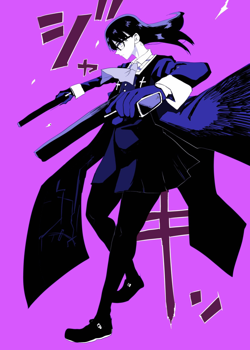 1girl blue_gloves closed_mouth cross doctor_masube dress dual_wielding frown glasses gloves gun highres holding holding_gun holding_weapon long_hair monochrome original priest purple_background purple_neckwear simple_background solo violet_eyes weapon