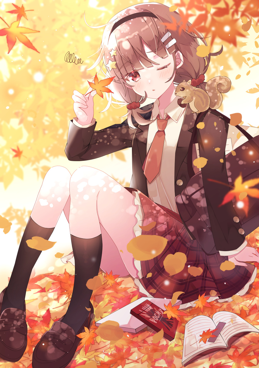 1girl absurdres ahoge aoi_yugina autumn autumn_leaves bag bangs black_legwear blazer blunt_bangs blurry blurry_background blush book bow brown_hair collared_shirt eyebrows_visible_through_hair frilled_skirt frills full_body grey_shirt hair_bow hair_ornament hairband hairclip hand_up highres holding holding_leaf jacket leaf long_sleeves looking_at_viewer low_twintails medium_hair messy_hair necktie one_eye_closed open_clothes open_jacket original parted_lips plaid plaid_skirt pleated_skirt red_eyes red_skirt shirt shoes sitting skirt socks solo squirrel twintails uniform