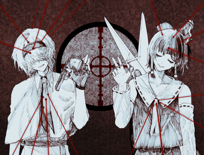 2girls 833_(cookie) alice_margatroid bangs bow capelet chinese_commentary closed_eyes commentary_request cookie_(touhou) detached_sleeves dress frilled_bow frilled_hair_tubes frilled_hairband frills greyscale grin gun hair_between_eyes hair_bow hair_over_eyes hair_tubes hairband hakurei_reimu handgun highres holding holding_gun holding_scissors holding_weapon jigen_(cookie) laser_sight monochrome multiple_girls necktie on_(_l0_) red_background revolver ribbon-trimmed_collar ribbon-trimmed_sleeves ribbon_trim sash scissor_blade scissors scope shirt short_hair skirt sleeveless sleeveless_shirt smile spot_color touhou upper_body weapon