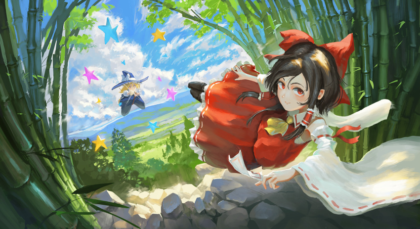 2girls bamboo bamboo_forest bangs bare_shoulders black_dress black_headwear blonde_hair bow broom broom_riding brown_hair closed_mouth clouds dress fjsmu flying forest hair_between_eyes hair_tubes hakurei_reimu hand_up hat highres kirisame_marisa looking_at_viewer multiple_girls nature red_bow red_dress red_eyes sky smile touhou white_bow witch_hat yellow_eyes yellow_neckwear