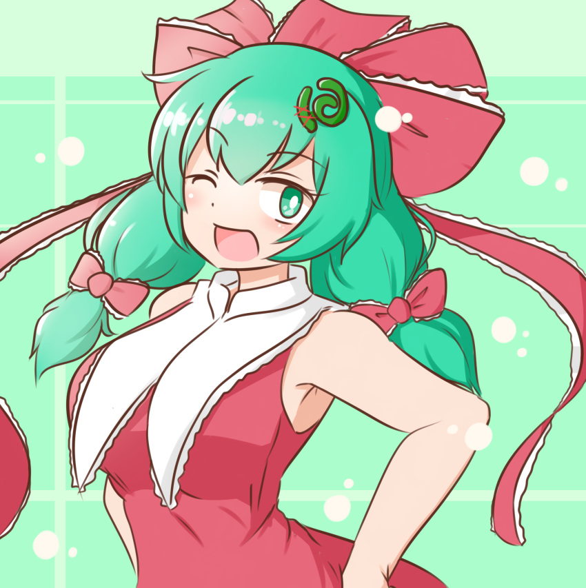 1girl :d bangs bow dress eyebrows_visible_through_hair frilled_ribbon frills green_background green_eyes hair_bow hair_ornament hair_ribbon hands_on_hips highres kagiyama_hina long_hair looking_at_viewer low_twintails mizusoba one_eye_closed open_mouth red_bow red_dress red_ribbon ribbon sleeveless sleeveless_dress smile solo touhou twintails upper_body