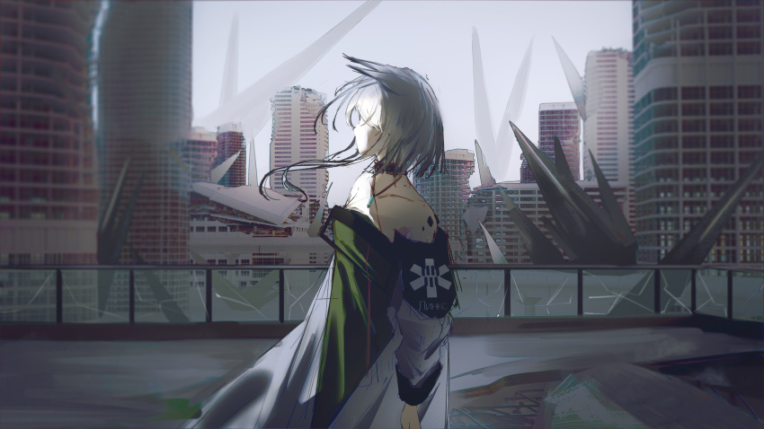 1girl absurdres animal_ears arknights armband bangs bare_shoulders blurry blurry_background broken_glass building cat_ears choker city coat from_side glass highres kal'tsit_(arknights) long_sleeves looking_away looking_to_the_side mackia medium_hair messy_hair railing scenery sidelocks solo standing upper_body white_hair
