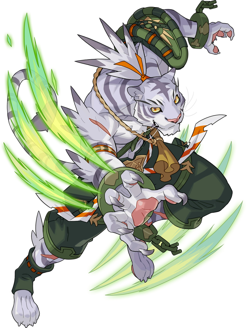 1boy animal_ears animal_nose arm_up armband armor artist_request belt body_fur broken broken_chain chain claws clenched_teeth colored_sclera cuffs full_body furry green_legwear green_shorts grey_fur grey_hair hair_ribbon highres jumping leg_up male_focus multicolored_hair muscular muscular_male non-web_source official_art orange_eyes orange_ribbon outstretched_arm pawpads paws ponytail ribbon ribbon-trimmed_legwear ribbon_trim scar shackles shiro_(world_flipper) shirtless short_hair shorts shoulder_armor single_sock snout socks solo tail teeth thigh_pouch tied_hair tiger_boy tiger_ears tiger_tail toeless_legwear transparent_background two-tone_hair whiskers white_fur world_flipper yellow_sclera zipper zipper_pull_tab