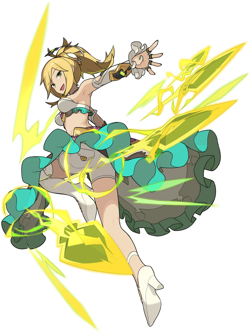 1girl aqua_nails arm_up armpits artist_request asymmetrical_footwear bangs bare_shoulders blonde_hair breasts detached_sleeves electricity eyebrows_visible_through_hair frilled_skirt frills from_behind full_body green_eyes hair_ornament halter_top halterneck happy high_heels highres jewelry jumping kneepits kunai leg_up long_hair looking_at_viewer looking_back medium_breasts nail_polish non-web_source official_art open_mouth outstretched_arm pocket ponytail pouch ring roselia_(world_flipper) shiny shiny_hair short_shorts shorts sidelocks single_thigh_boot skirt smile solo thigh_pouch tied_hair transparent_background upskirt weapon white_footwear white_shorts white_sleeves world_flipper