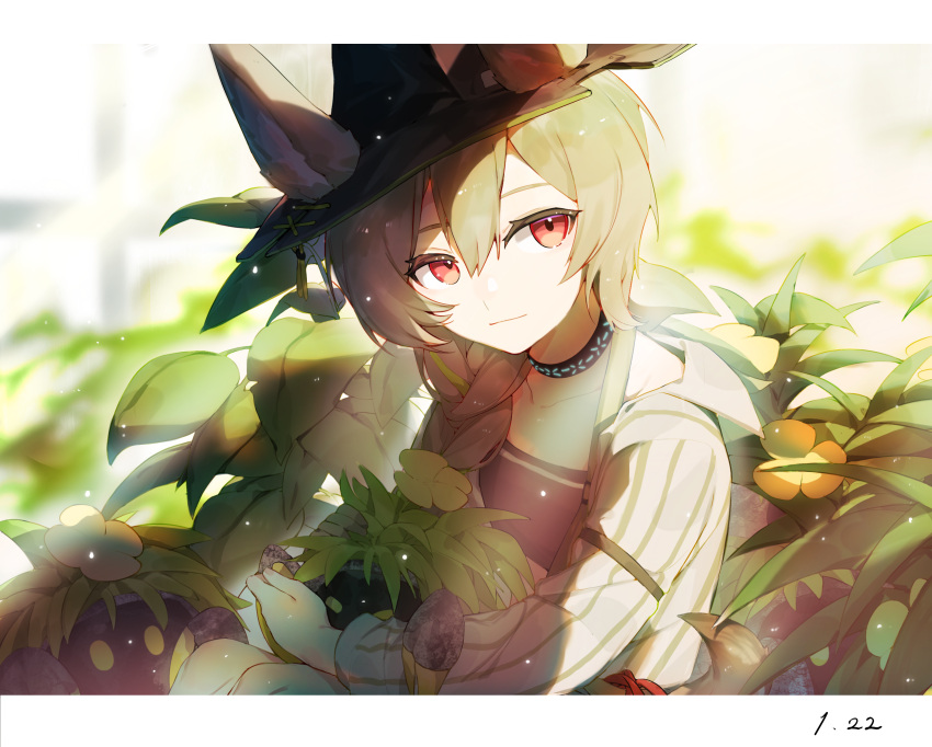 arknights beanstalk_(arknights) black_headwear blurry blurry_background border brown_hair closed_mouth collarbone commentary_request dated ears_through_headwear flower fui_(fui29493452) green_ribbon hat highres hyena_ears hyena_girl infection_monitor_(arknights) light_particles light_rays light_smile long_hair looking_at_viewer orange_flower plant red_eyes ribbon ribbon_braid striped_jacket sunbeam sunlight upper_body white_border