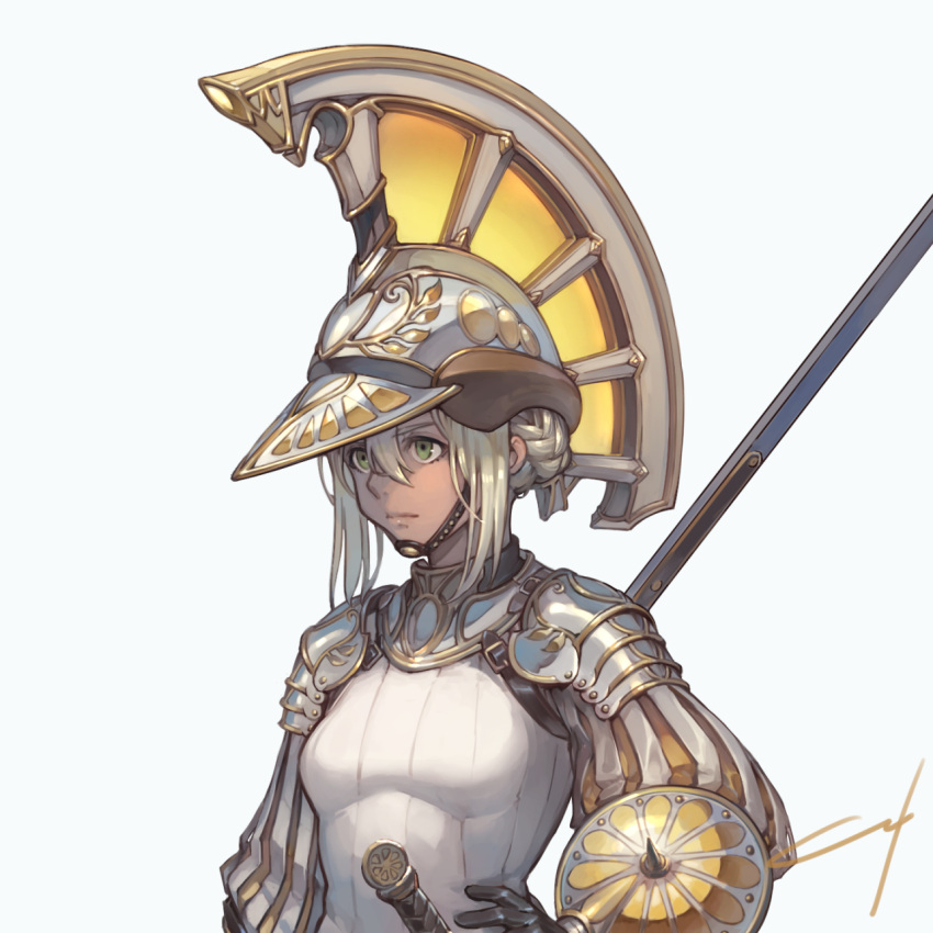 1girl armor black_gloves blonde_hair closed_mouth cropped gloves green_eyes grey_background hair_between_eyes hand_on_hip helmet highres nishiki_areku original pauldrons puffy_sleeves shield shoulder_armor signature simple_background solo upper_body weapon