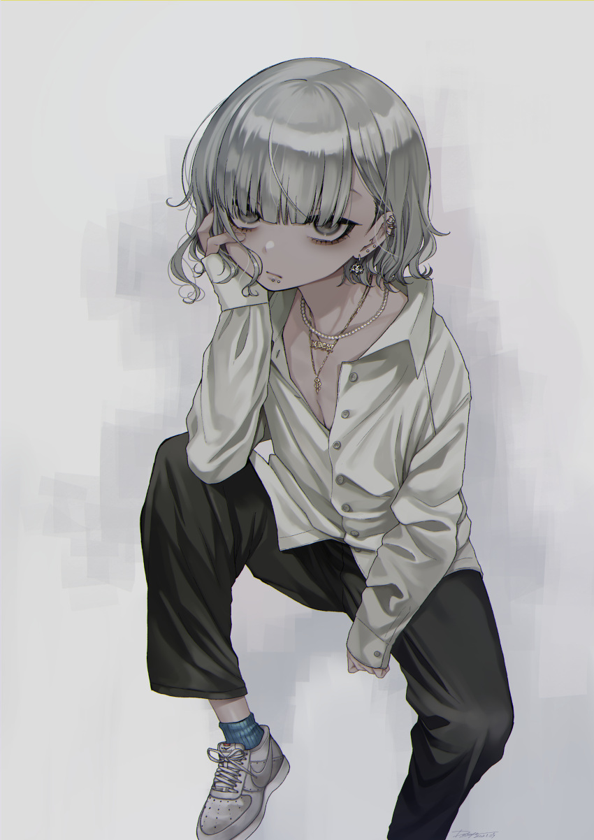 1boy absurdres androgynous bags_under_eyes bangs blue_legwear chromatic_aberration dancho_(dancyo) ear_piercing earrings expressionless grey_eyes highres huge_filesize jewelry lip_piercing long_sleeves looking_at_viewer male_focus necklace original otoko_no_ko pants piercing shirt shoes silver_hair simple_background sleeves_past_wrists sneakers socks solo untucked_shirt white_background white_shirt yodogawa_kemuri