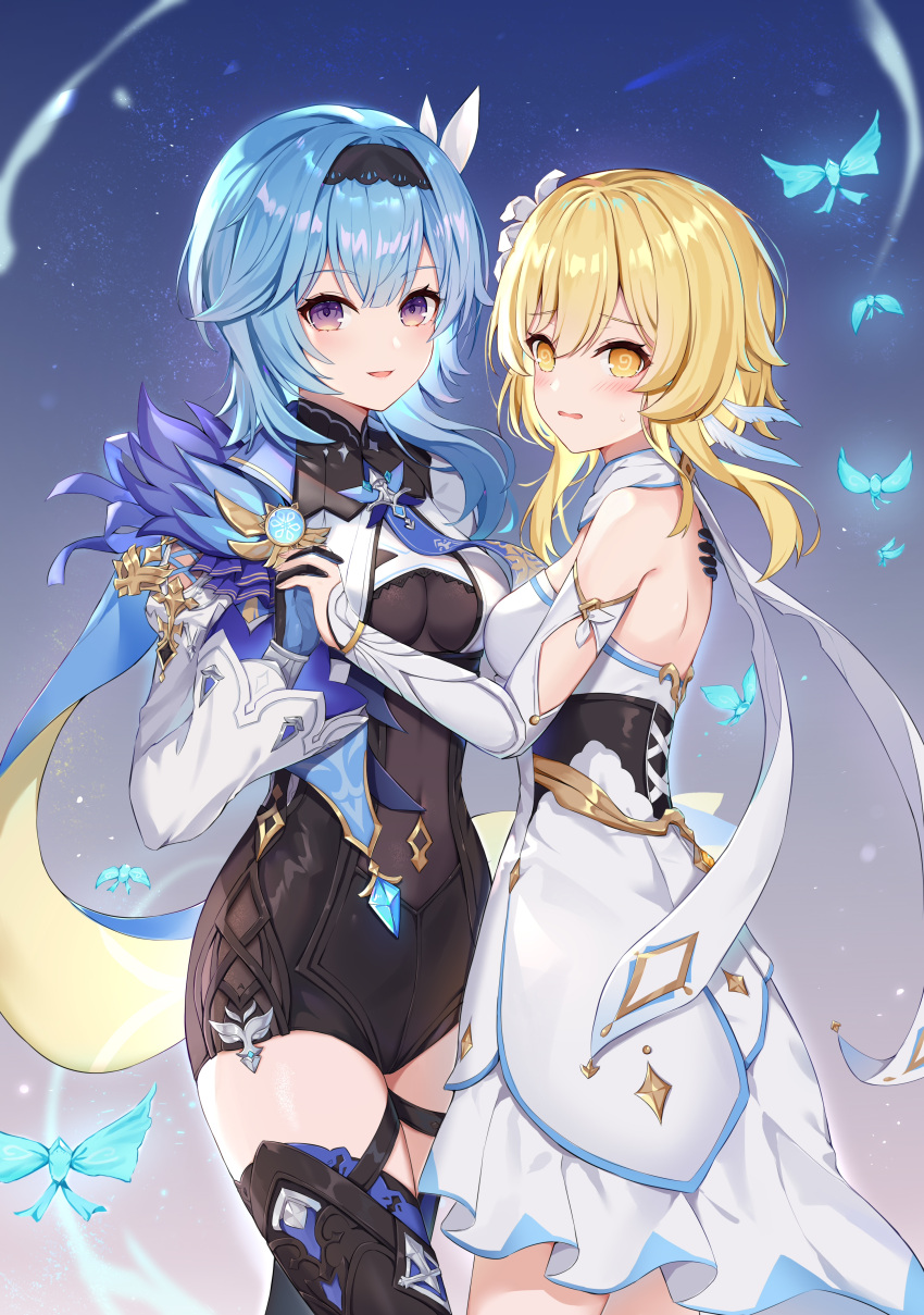 2girls @_@ absurdres bangs bare_shoulders black_hairband black_legwear blonde_hair blue_background blue_hair blue_neckwear breasts bug butterfly cape cowboy_shot detached_sleeves dress eula_lawrence eyebrows_visible_through_hair flower genshin_impact gloves hair_between_eyes hair_flower hair_ornament hairband hand_on_another's_back highres hokori_sakuni holding_hands insect long_hair long_sleeves looking_at_viewer lumine_(genshin_impact) medium_breasts medium_hair multiple_girls necktie open_mouth short_hair smile thigh-highs thighs violet_eyes vision_(genshin_impact) white_dress yellow_eyes yuri