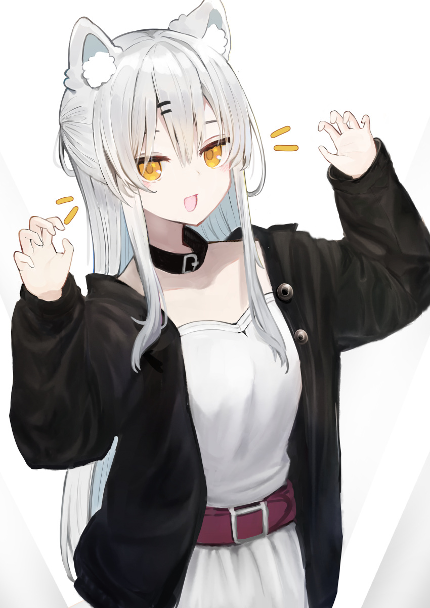 1girl :d absurdres animal_ear_fluff animal_ears belt belt_collar cat_ears claw_pose collar dress highres jacket long_hair long_sleeves open_clothes open_jacket open_mouth orange_eyes original peno silver_hair smile