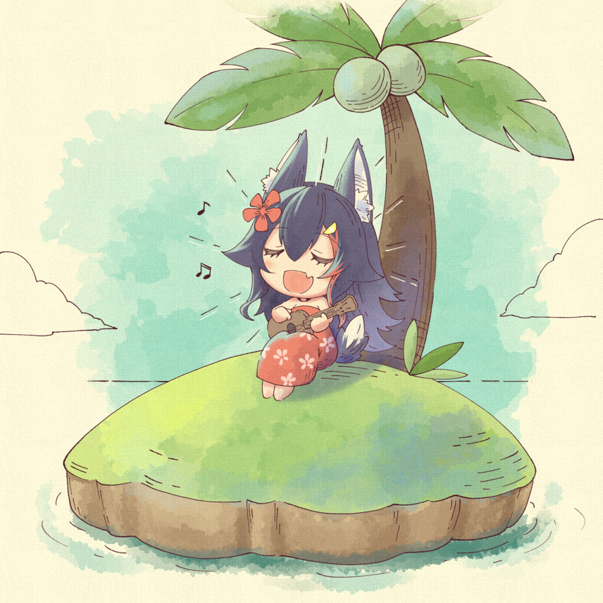 1girl animal_ear_fluff animal_ears black_hair bob-the-bison chibi closed_eyes coconut coconut_tree dress fang flipped_hair floral_print flower hair_flower hair_ornament hairclip highlights highres hololive instrument island long_hair multicolored_hair music ookami_mio open_mouth palm_tree playing_instrument print_dress red_dress redhead sidelocks singing skin_fang smile solo strapless strapless_dress tail tree tube_dress ukulele very_long_hair virtual_youtuber wolf_ears wolf_girl wolf_tail |d