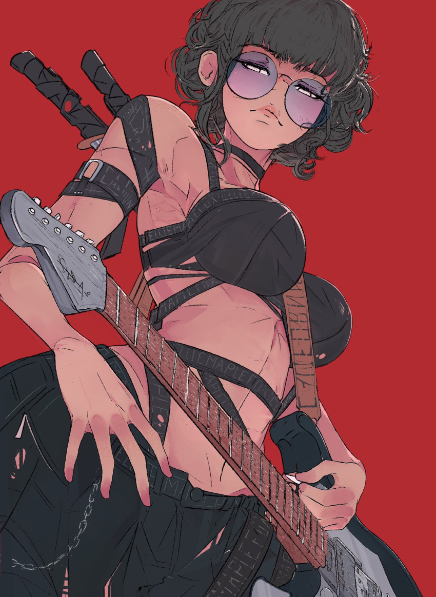 1girl bangs black_bra black_choker black_hair bra chain choker cowboy_shot elliemaplefox from_below guitar highres instrument looking_at_viewer navel original pink_nails red_background short_hair simple_background solo sword sword_behind_back tinted_eyewear underwear weapon