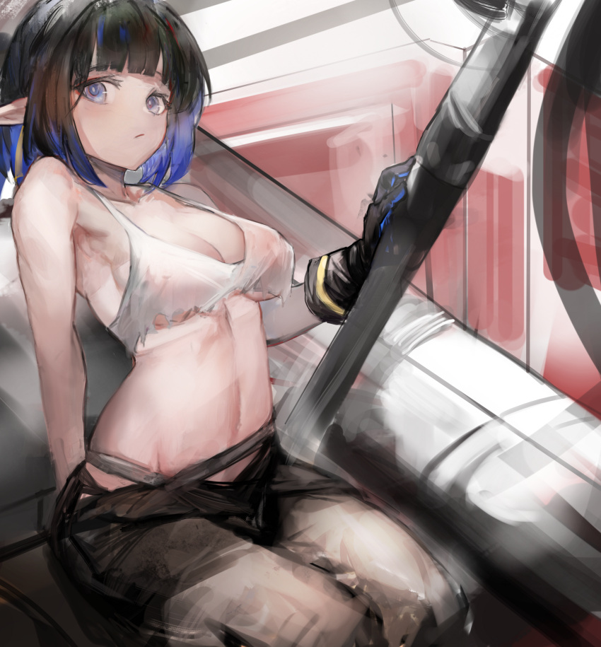 1girl arknights bare_arms bare_shoulders black_gloves black_hair black_pants blue_eyes breasts crop_top crop_top_overhang eunectes_(arknights) eunectes_(forgemaster)_(arknights) expressionless gloves gnai gradient_hair highres looking_at_viewer medium_breasts midriff multicolored_hair navel no_bra pants pointy_ears shirt short_hair sitting sleeveless sleeveless_shirt solo stomach torn_clothes torn_shirt white_shirt