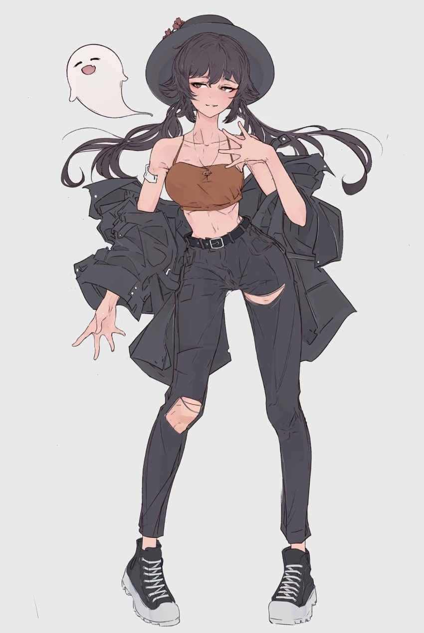 1girl bangs belt black_belt black_coat black_footwear black_hair black_headwear black_pants brown_camisole camisole coat crop_top elliemaplefox floating_hair full_body genshin_impact ghost hand_up hat highres hu_tao_(genshin_impact) long_hair midriff pants shoes solo standing torn_clothes torn_pants twintails