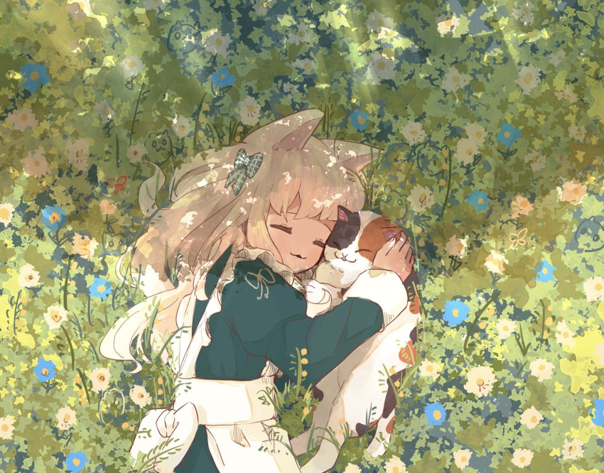 1girl :3 animal animal_ears animal_hug apron aqua_ribbon blonde_hair blue_flower calico cat cat_ears closed_eyes commentary_request dress flower frilled_apron frills from_above grass green_background green_dress hair_ribbon highres juliet_sleeves long_hair long_sleeves lying oimo_imoo on_side original parted_lips puffy_sleeves ribbon sketch solo white_apron