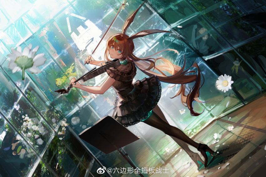 1girl absurdres amiya_(arknights) animal_ears arknights bare_arms black_dress black_footwear black_legwear blue_eyes brown_hair commentary_request dress dutch_angle flower frilled_dress frills from_behind full_body greenhouse hands_up high_heels highres instrument jewelry long_hair looking_at_viewer looking_back music music_stand neriash pantyhose playing_instrument rabbit_ears rhodes_island_logo ring sleeveless sleeveless_dress solo standing thumb_ring violin violin_bow weibo_logo weibo_username white_flower