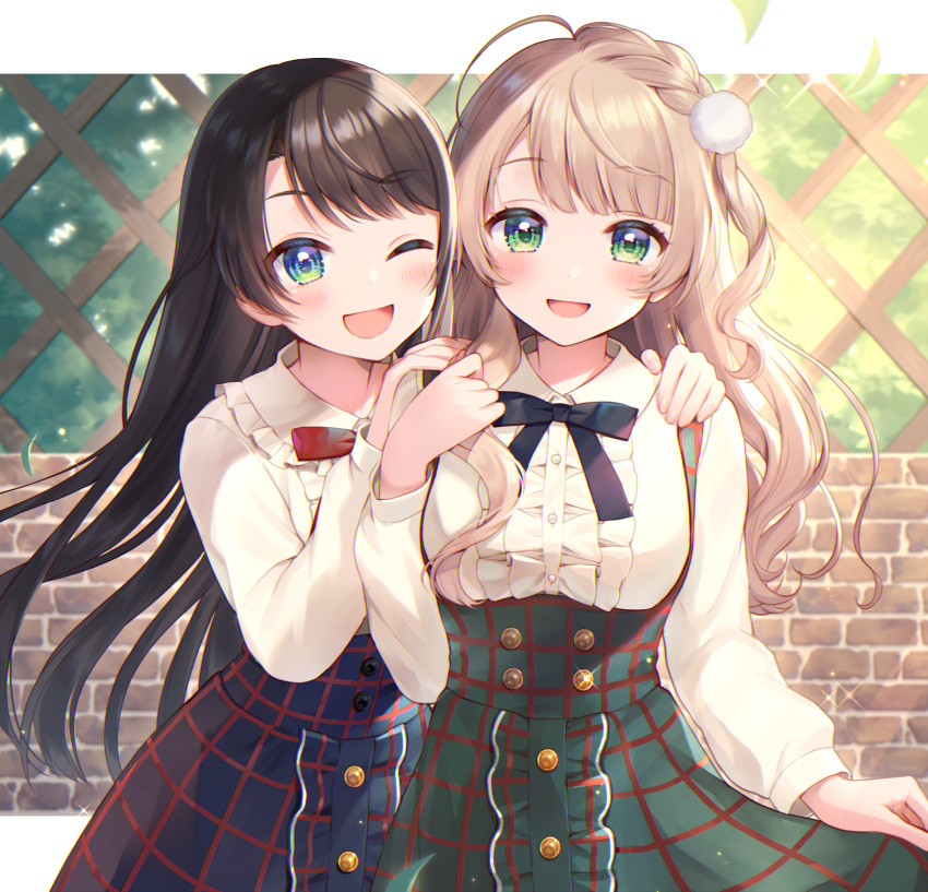 2girls bangs black_hair blush braid buttons center_frills commentary_request cowboy_shot eyebrows_visible_through_hair frills green_eyes hair_ornament hair_pom_pom hand_on_own_shoulder hands_on_another's_shoulders hands_up high-waist_skirt highres hololive indie_virtual_youtuber light_brown_hair long_hair long_sleeves looking_at_viewer momoshiki_tsubaki multiple_girls one_eye_closed oozora_subaru open_mouth patterned_clothing shigure_ui_(vtuber) shirt skirt skirt_hold smile standing striped virtual_youtuber white_shirt