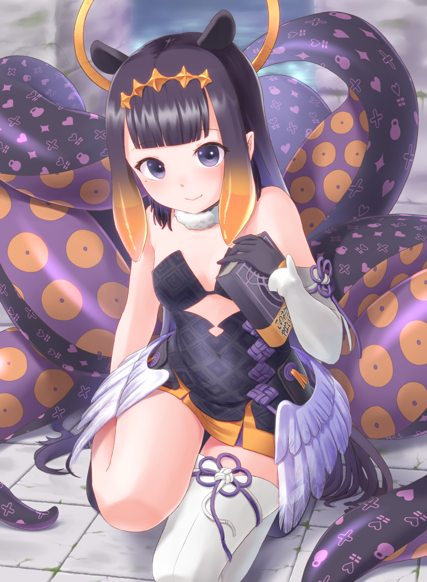 1girl absurdres ao-chan_(ninomae_ina'nis) asymmetrical_gloves bangs bare_shoulders black_collar black_dress black_eyes black_gloves black_hair blunt_bangs book collar cutout_above_navel detached_sleeves dress elbow_gloves flat_chest full_body fur-trimmed_collar gloves gradient_hair grimoire halo headpiece highres holding holding_book hololive hololive_english long_hair looking_at_viewer low_wings mole mole_under_eye multicolored_hair naka_g ninomae_ina'nis orange_hair pointy_ears short_dress sidelocks single_detached_sleeve single_elbow_glove single_thighhigh smile solo squatting strapless strapless_dress tentacle_hair tentacles thigh-highs tube_dress very_long_hair virtual_youtuber white_legwear wings