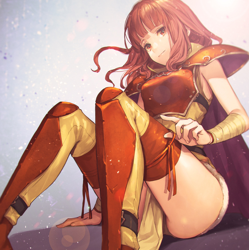 1girl armor bandaged_arm bandages bangs bloom blunt_bangs blurry blurry_background bokeh breastplate cape celica_(fire_emblem) closed_mouth depth_of_field feet_out_of_frame fire_emblem fire_emblem_echoes:_shadows_of_valentia fire_emblem_gaiden fire_emblem_heroes furikawa_arika gradient gradient_background grey_background hand_on_thigh high_collar highres lens_flare light_particles long_hair motion_blur pauldrons pelvic_curtain red_eyes redhead ribbon shin_guards shoulder_armor sitting sleeveless solo strap thigh-highs thighs