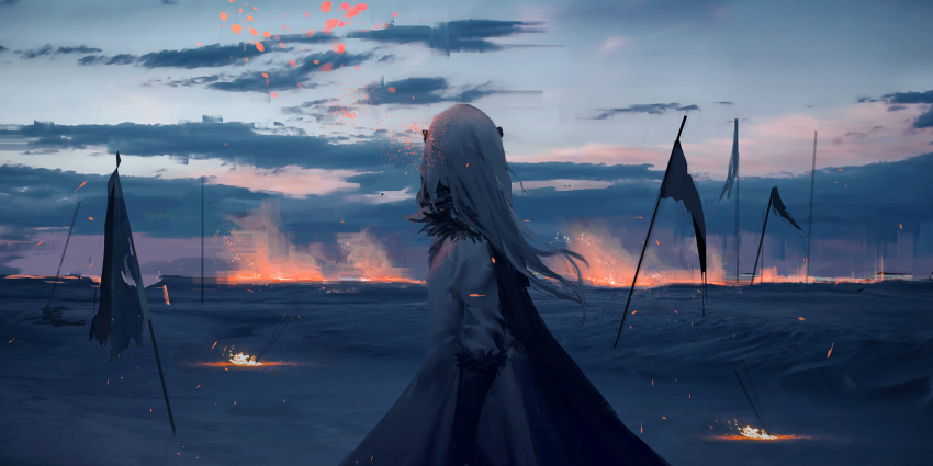 1girl black_coat black_gloves clouds coat dress elbow_gloves fire flag from_side fur_trim gloves grey_dress grey_hair highres katann long_hair long_sleeves looking_away looking_to_the_side messy_hair pixiv_fantasia pixiv_fantasia_last_saga scenery sky solo standing upper_body zera_the_hornless_empress