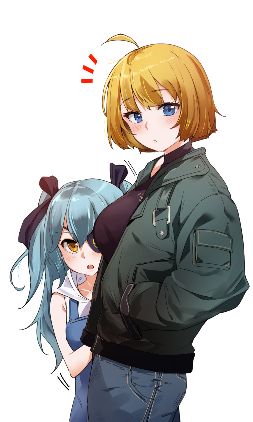 2girls ^^^ ahoge bangs blonde_hair blue_eyes blush casual denim eyebrows_visible_through_hair hair_ribbon highres jacket jeans last_origin light_blue_hair long_hair looking_at_viewer looking_to_the_side lrl multiple_girls p/a-00_griffon p220_31495 pants print_eyepatch ribbon simple_background twintails white_background yellow_eyes