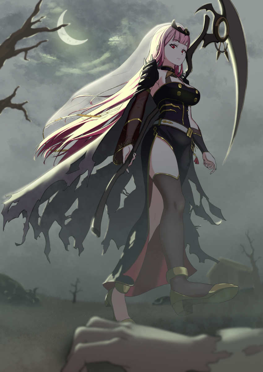 1girl 1other af2345 bangs_pinned_back bare_tree black_clothes black_dress black_legwear crescent_moon disembodied_limb dress gold_footwear gold_trim high_heels highres hololive hololive_english long_hair moon mori_calliope night night_sky pink_eyes pink_hair scythe shoulder_spikes sky spikes tiara tree veil virtual_youtuber weapon