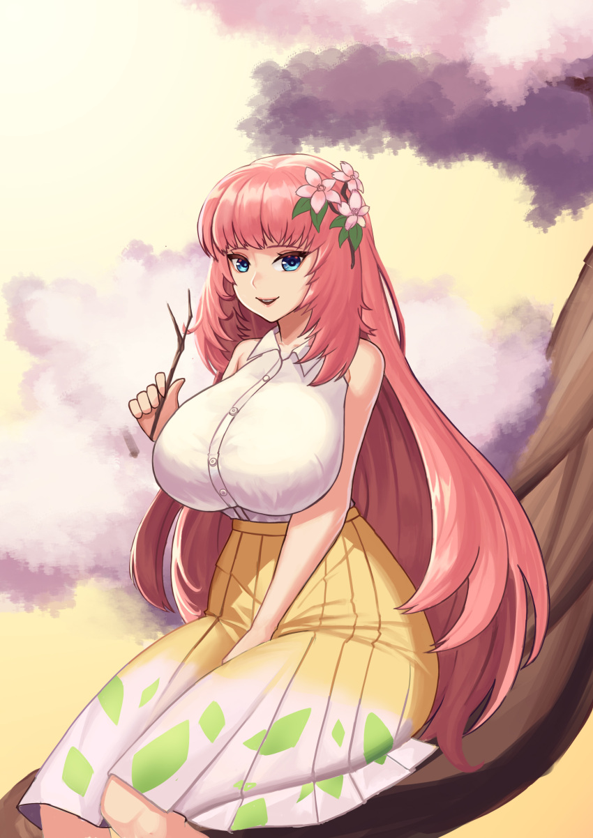 1girl absurdres bangs between_legs blue_eyes branch breasts character_request cherry_blossoms collared_shirt dungeon_and_fighter flower gradient_clothes gradient_skirt hair_flower hair_ornament hand_between_legs highres hiroshi_(beolcoyote) holding large_breasts long_hair looking_at_viewer open_mouth pink_hair pink_lips shirt sitting skirt sleeveless sleeveless_shirt smile solo tree very_long_hair white_shirt yellow_skirt