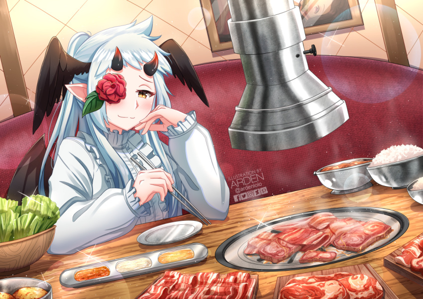 1girl ardenlolo artist_name black_horns blush bowl food frilled_shirt_collar frills head_wings horns indoors long_hair long_sleeves meat one_eye_covered original plate pointy_ears rice shirt sitting smile solo sparkle upper_body vegetable white_hair white_shirt yakiniku yellow_eyes