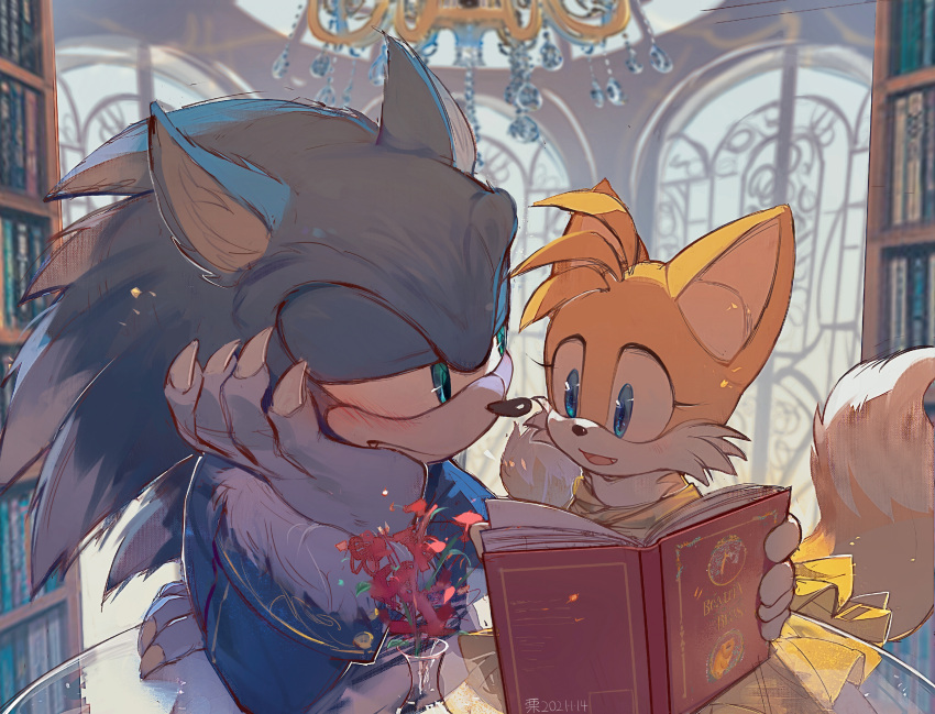 1boy 1girl absurdres animal_ears animal_nose beauty_and_the_beast blue_eyes blush book bookshelf c52278 claws dress fang fox_boy fox_ears fox_tail furry genderswap genderswap_(mtf) glass_table hedgehog_boy highres holding holding_book library looking_at_another multiple_tails open_mouth plant smile sonic_(series) sonic_the_hedgehog sonic_the_werehog sonic_world_adventure table tail tails_(sonic) two_tails window yellow_dress