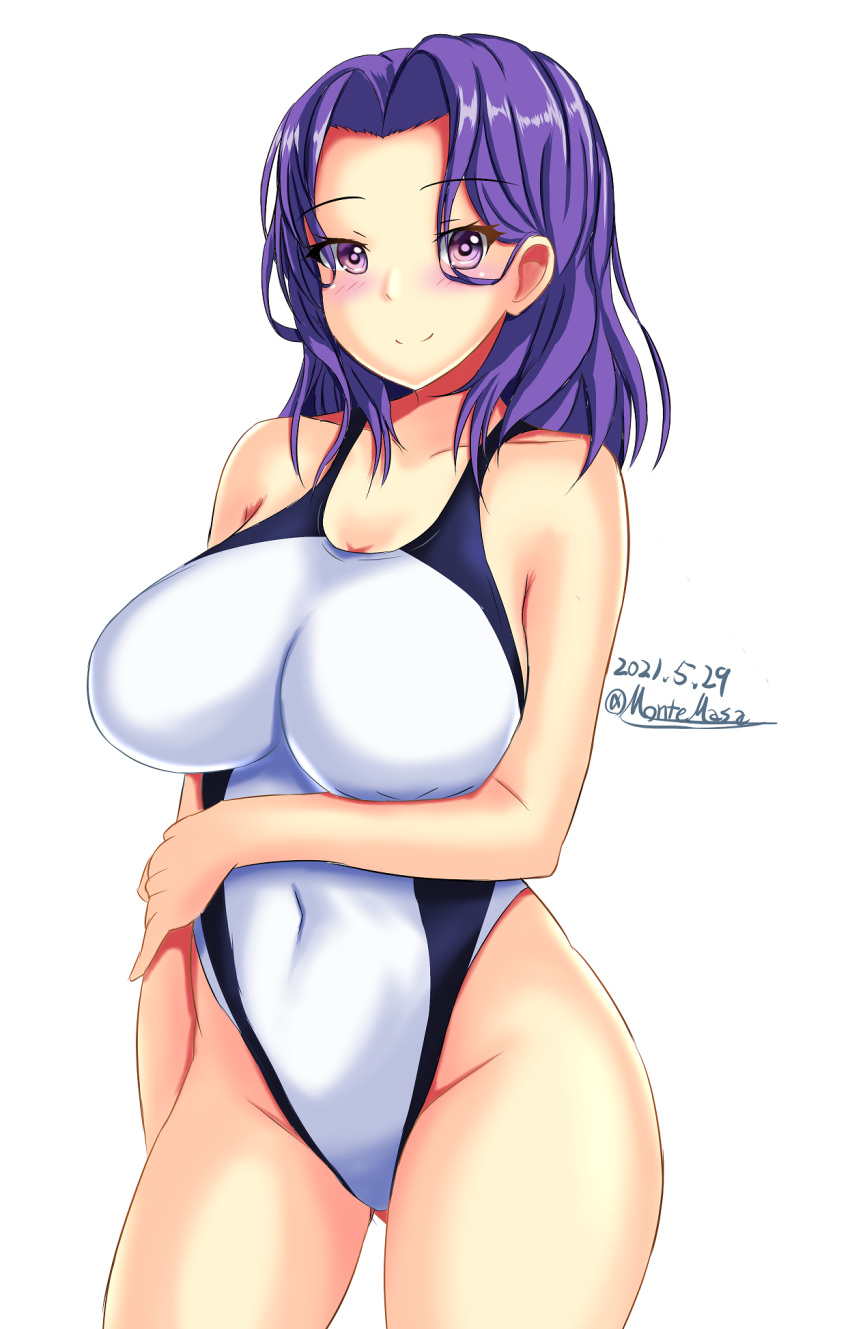1girl ass_visible_through_thighs black_swimsuit breasts collarbone competition_swimsuit covered_navel cowboy_shot dated forehead highleg highleg_swimsuit highres impossible_clothes impossible_swimsuit kantai_collection large_breasts montemasa one-hour_drawing_challenge one-piece_swimsuit purple_hair short_hair solo swimsuit tatsuta_(kancolle) twitter_username two-tone_swimsuit violet_eyes white_swimsuit