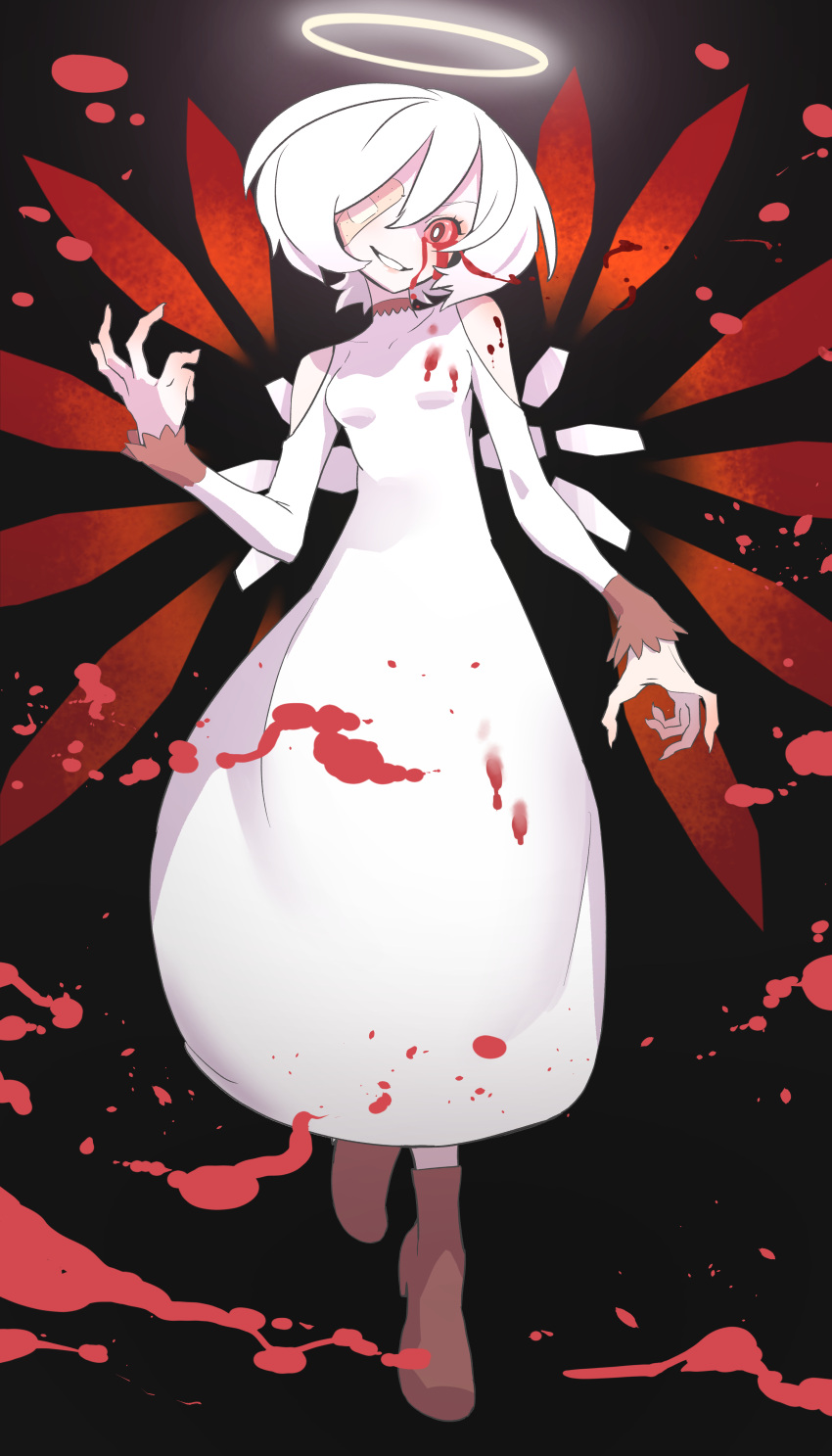1girl absurdres bandaid bandaid_on_face bare_shoulders black_background blood blood_splatter bloody_clothes bloody_tears colored_sclera commentary_request dress fingernails halo highres humanization kawayabug kirby_(series) kirby_64 off-shoulder_dress off_shoulder one_eye_covered pink_sclera red_eyes sharp_fingernails short_hair simple_background smile white_dress white_hair zero_two_(kirby)