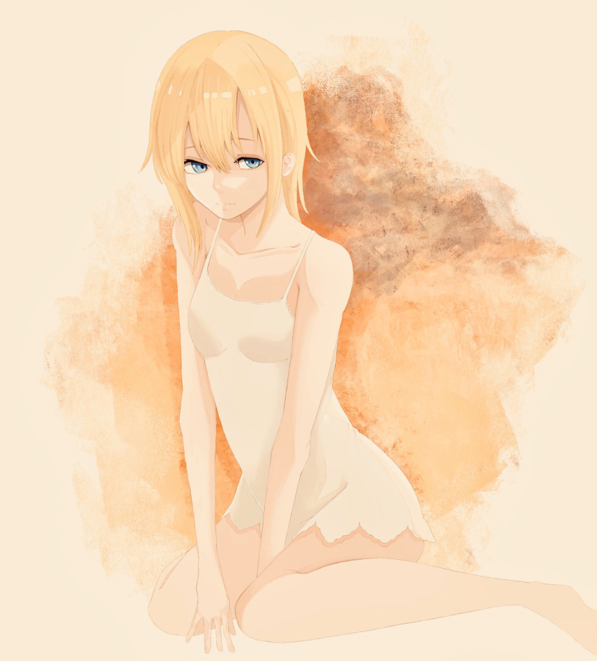 1girl barefoot blonde_hair blue_eyes breasts closed_mouth collarbone dress feet groin highres kingdom_hearts kingdom_hearts_ii long_hair looking_to_the_side namine pasuta0830 simple_background solo white_dress