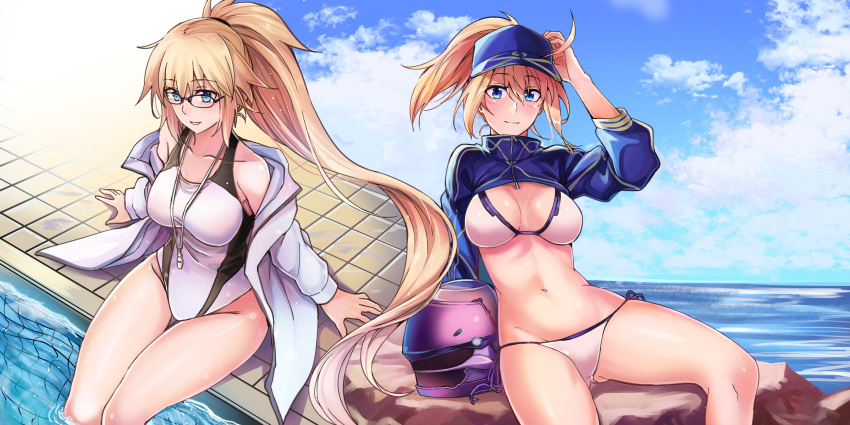 2girls absurdres ahoge artoria_pendragon_(all) bare_legs bikini blonde_hair blue_eyes blue_sky breasts clouds collarbone fate/grand_order fate_(series) glasses hamlet hat highres jacket jeanne_d'arc_(fate)_(all) jeanne_d'arc_(swimsuit_archer)_(fate) jeffrey10 long_hair looking_at_viewer multiple_girls mysterious_heroine_xx_(fate) ocean open_mouth ponytail pool sitting sky stomach swimsuit whistle white_bikini white_swimsuit