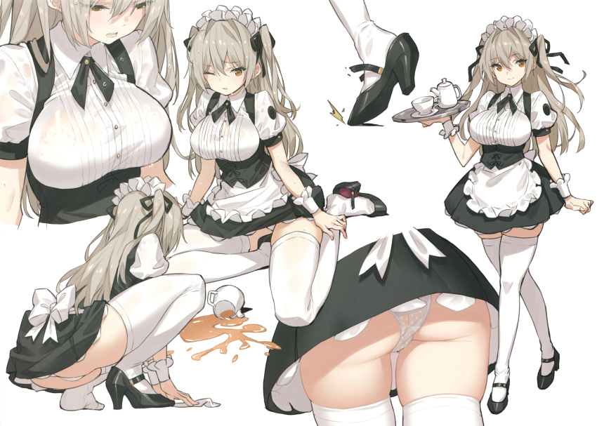 1girl absurdres apron ass bangs black_footwear black_neckwear blush bra breasts brown_eyes cup dress eyebrows_visible_through_hair eyes_visible_through_hair frills grey_hair hair_ribbon high_heels highres holding holding_tray large_breasts long_hair maid maid_headdress multiple_views non-web_source one_eye_closed open_mouth original panties polka_dot polka_dot_panties ribbon saitou_masatsugu see-through shoes short_sleeves simple_background single_shoe skindentation smile spill teacup teapot thigh-highs tray two_side_up underwear waist_apron wet wet_clothes white_apron white_background white_bra white_legwear white_panties wrist_cuffs