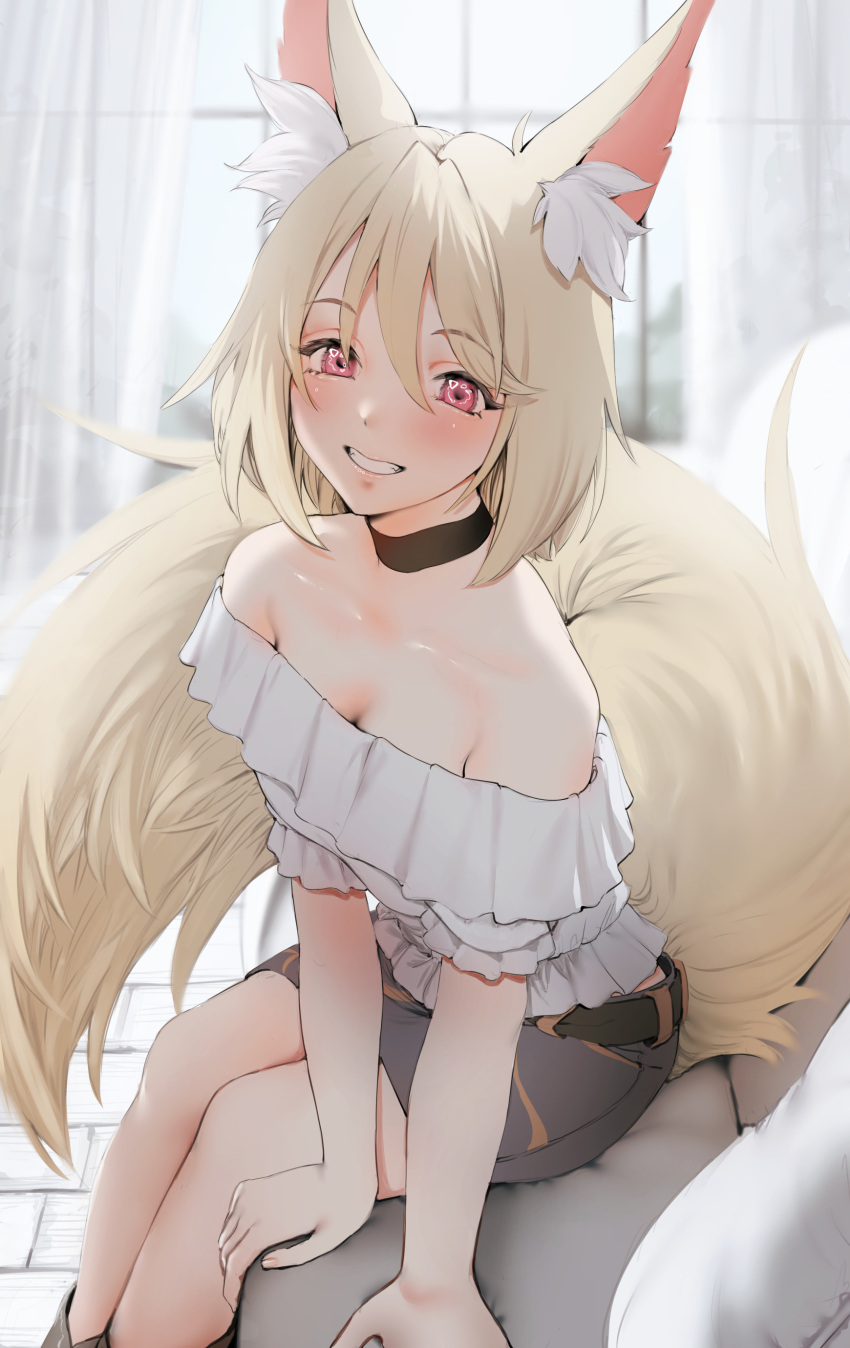 1girl absurdres animal_ears belt blonde_hair blush character_request choker copyright_request couch curtains fox_ears fox_girl fox_tail frilled_shirt frills grin hair_between_eyes highres looking_at_viewer pink_eyes shirt short_hair skirt smile strapless strapless_shirt tail takumoyuha white_shirt window yellow_tail