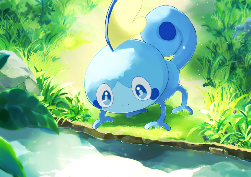 blue_eyes bright_pupils commentary_request creature day gen_8_pokemon grass highres light_rays lizard looking_down mojamoja_aa no_humans outdoors pokemon pokemon_(creature) rock sobble solo starter_pokemon water white_pupils