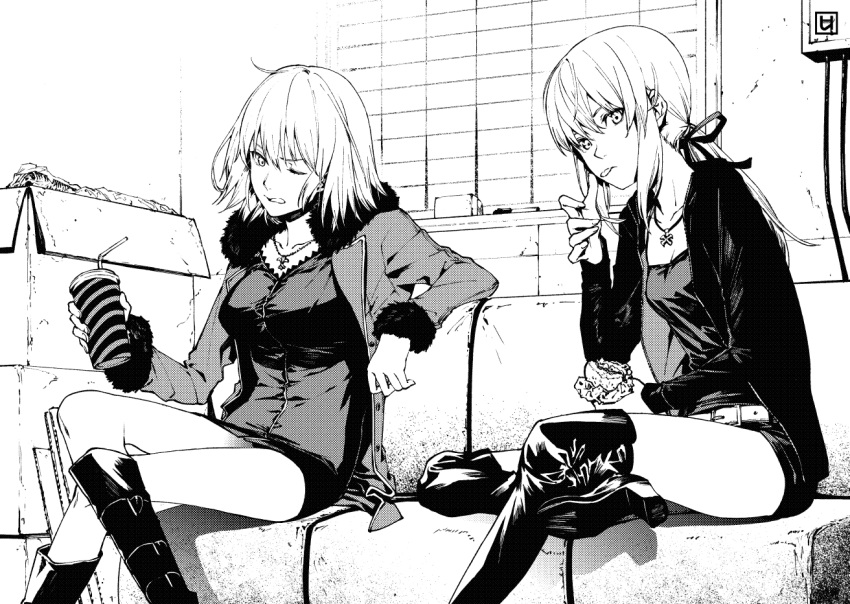 2girls ahoge artoria_pendragon_(all) belt blouse boots box breasts burger couch crossed_legs drinking_straw eating fate/grand_order fate_(series) food greyscale holding indoors jacket jeanne_d'arc_(alter)_(fate) jeanne_d'arc_(fate)_(all) jewelry long_hair looking_at_viewer monochrome multiple_girls necklace one_eye_closed ponytail saber_alter short_hair silver_hair sitting sweater usui_ryuu wicked_dragon_witch_ver._shinjuku_1999