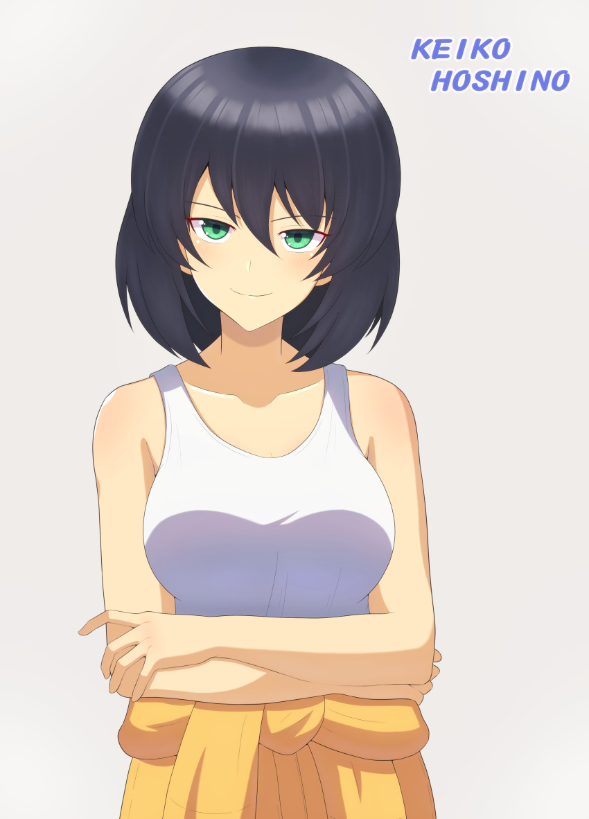 1girl absurdres bangs bob_cut brown_hair character_name closed_mouth clothes_around_waist commentary crossed_arms dark_skin girls_und_panzer green_eyes grey_background half-closed_eyes highres hoshino_(girls_und_panzer) iteza_(flapper_girl_25) jumpsuit looking_at_viewer mechanic orange_jumpsuit shirt short_hair smile solo tank_top uniform white_shirt