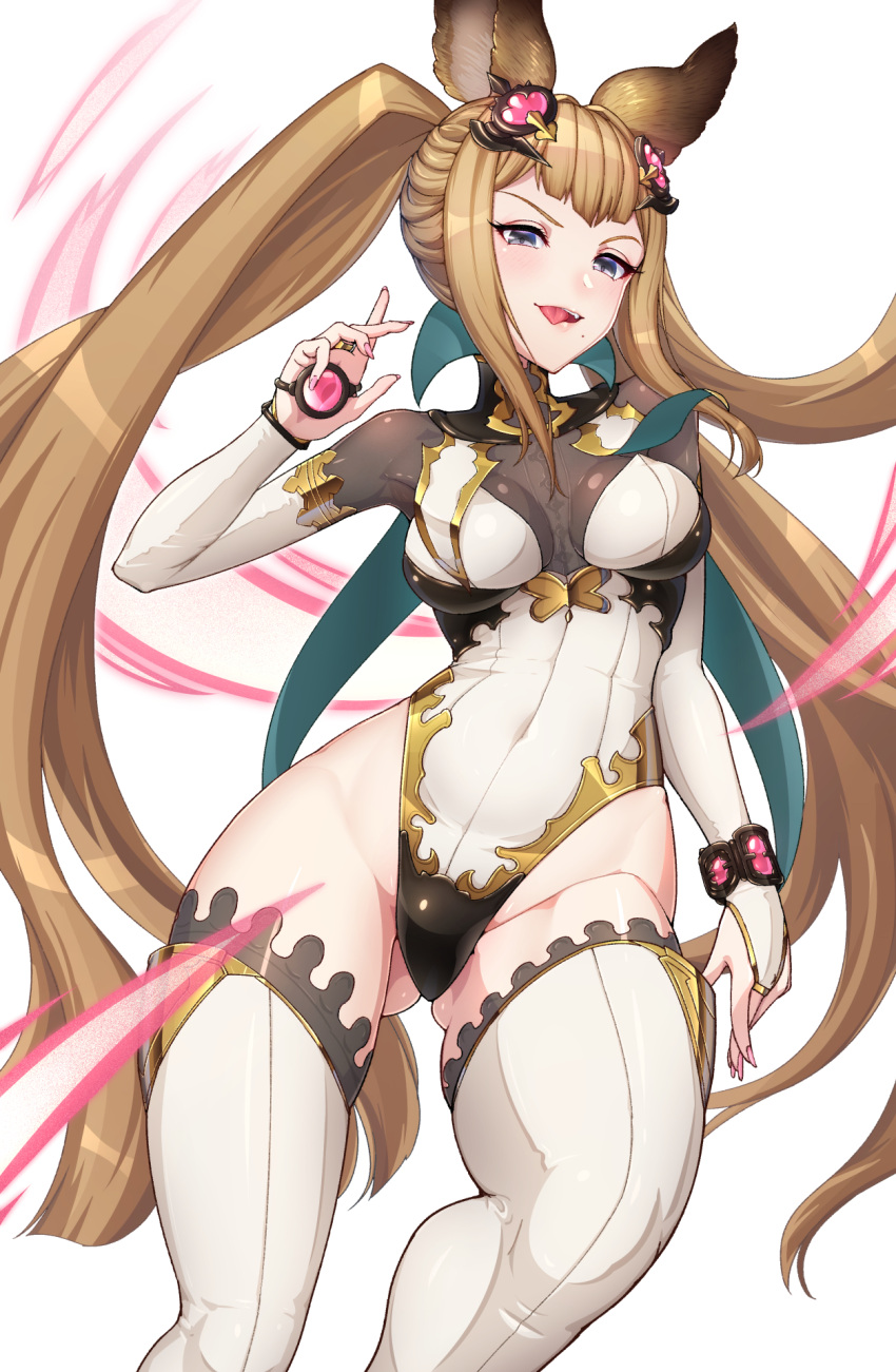1girl animal_ears bangs blush breasts brown_hair capelet covered_navel erune granblue_fantasy highleg highleg_leotard highres kemurin leotard long_hair long_sleeves looking_at_viewer medium_breasts metera_(granblue_fantasy) mole mole_under_mouth open_mouth smile solo thigh-highs thighs twintails violet_eyes white_leotard
