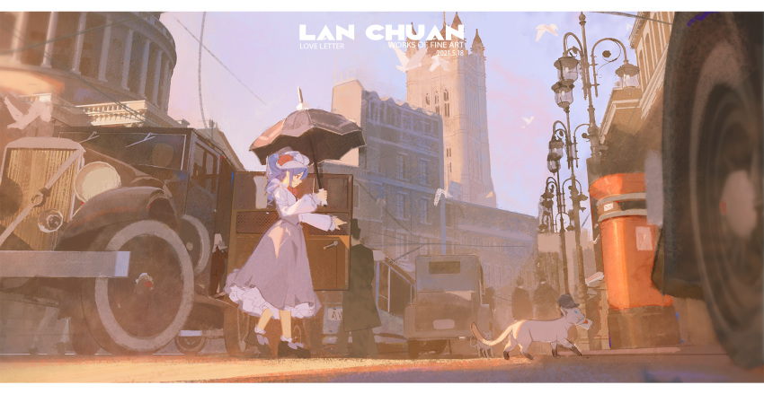 1girl 3others animal artist_name bangs bird black_footwear breasts building car cat chinese_commentary closed_mouth commentary_request dress drill_hair flower frilled_dress frills from_side ground_vehicle hands_up hat hat_flower hat_ornament highres holding holding_umbrella lamppost lanchuan letter long_dress long_sleeves looking_at_animal looking_down medium_hair motor_vehicle multiple_others original purple_dress purple_hair red_eyes scenery shoes small_breasts solo_focus umbrella walking white_cat wide_shot