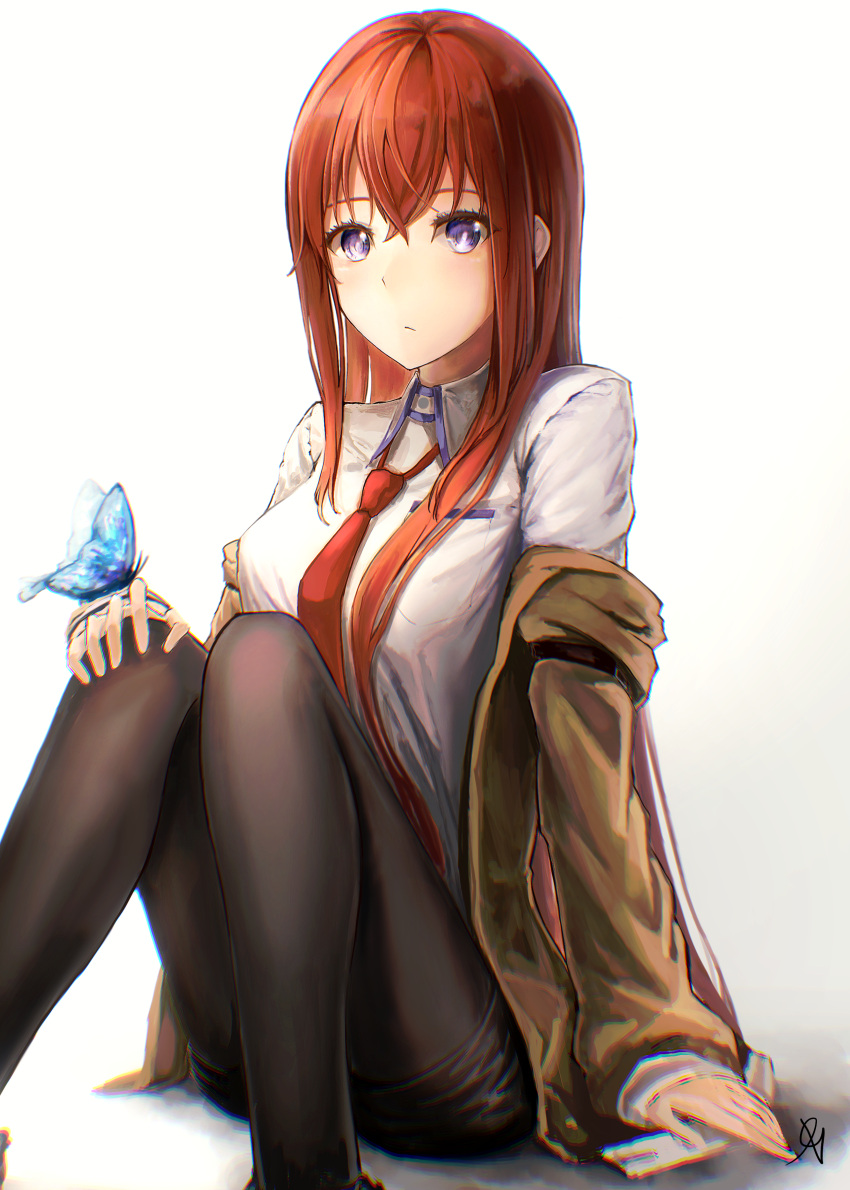 1girl absurdres aoi_hane bangs black_legwear black_shorts brown_coat bug butterfly butterfly_on_hand coat collared_shirt commentary_request hair_between_eyes hair_over_shoulder hand_on_own_knee highres insect legwear_under_shorts long_hair long_sleeves makise_kurisu necktie pantyhose red_neckwear redhead shiny shiny_hair shirt short_shorts shorts simple_background sitting sleeves_past_wrists solo steins;gate straight_hair very_long_hair violet_eyes white_background white_shirt wing_collar